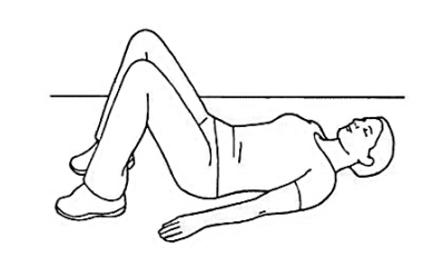 Cartoon lying on back with knees bent up and arms by sides.