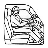 Cartoon man sat close to the steering wheel to avoid stretching legs and arms out. 