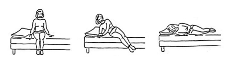 3 steps - cartoon woman getting into bed.  Sit on the edge of the bed, gently lower onto side and raise feet off the floor 