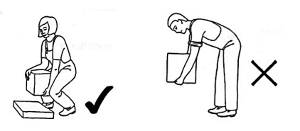 Cartoon person correctly lifting heavy box using her knees. 
Cartoon person incorrectly lifting box with their back