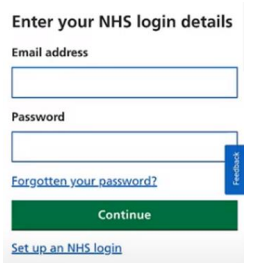 NHS login page with text boxes to enter email address and password. Green continue button. 