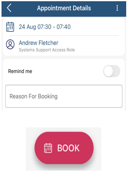 Airmid - booking appointment page. Directs user to add a reason for booking then submit booking. 