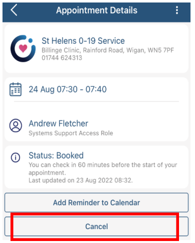 Airmid - cancel appointment page